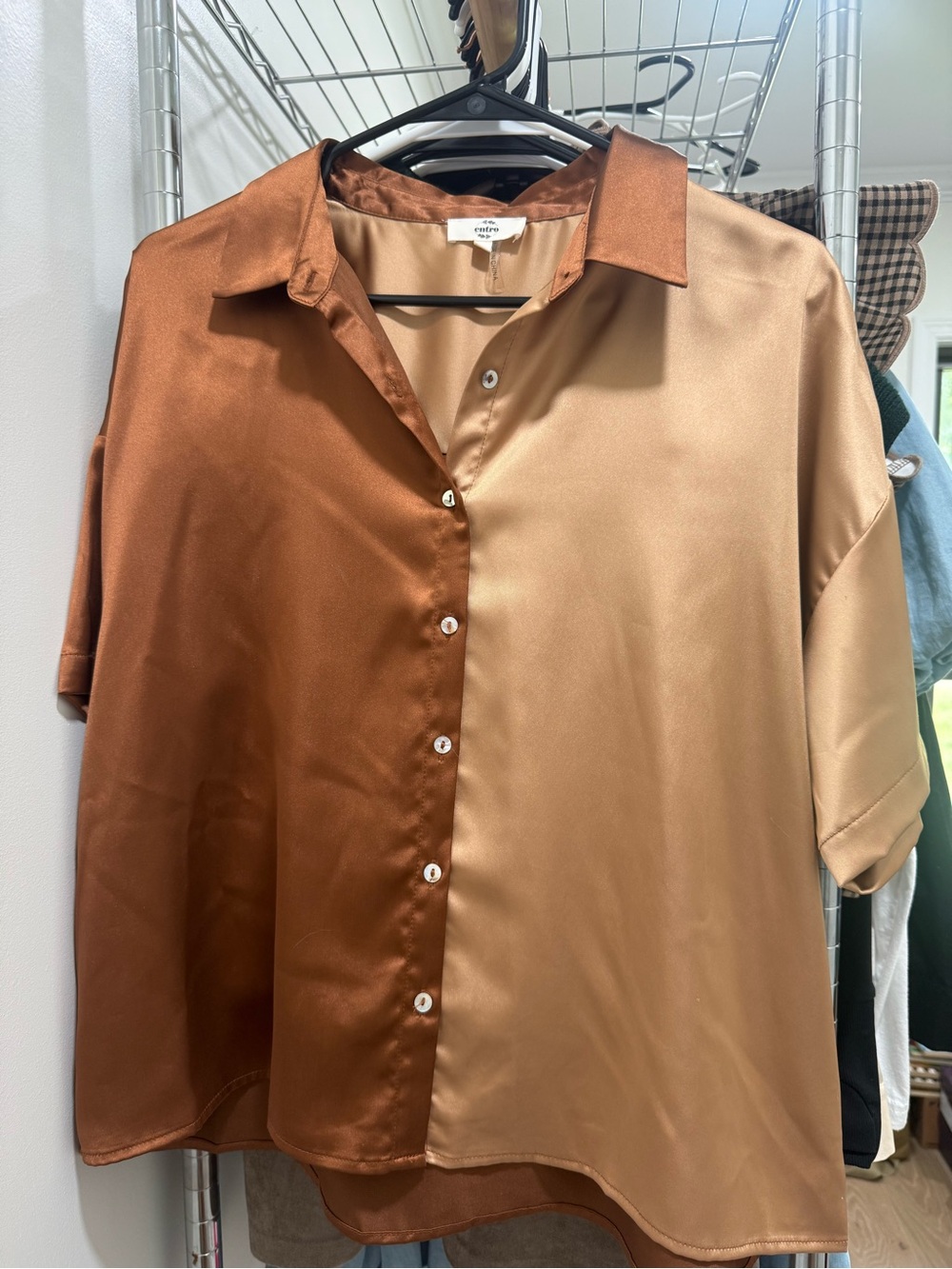 entro Two-Tone Satin Button-Down Shirt in Copper and Champagne